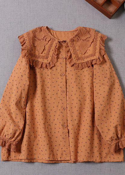 Natural Peter Pan Collar Print Cotton Shirts Spring