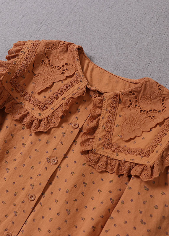 Natural Peter Pan Collar Print Cotton Shirts Spring