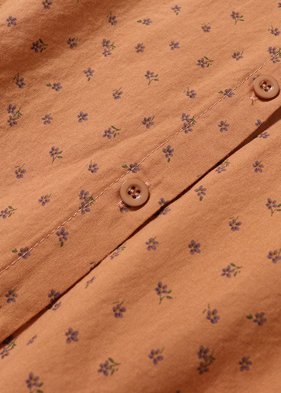 Natural Peter Pan Collar Print Cotton Shirts Spring