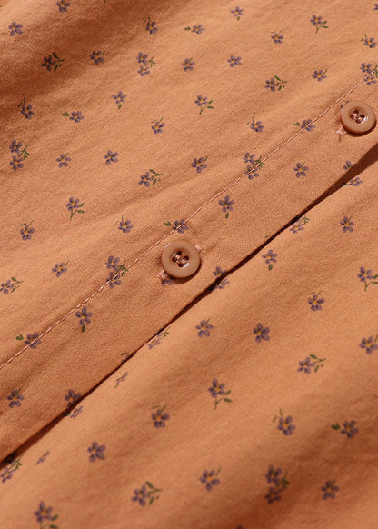 Natural Peter Pan Collar Print Cotton Shirts Spring