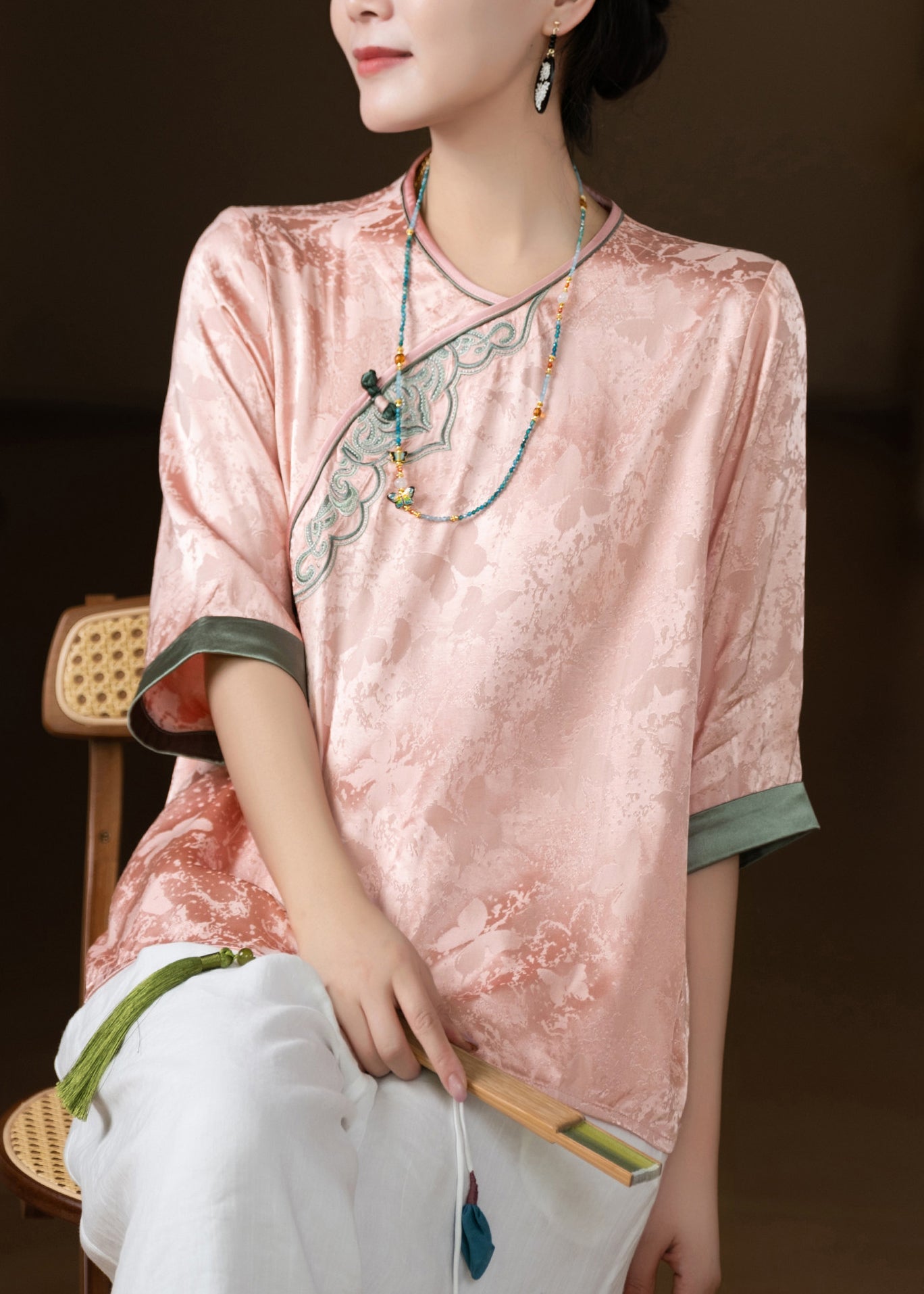 Natural Pink O-Neck Embroidered Silk Top Summer