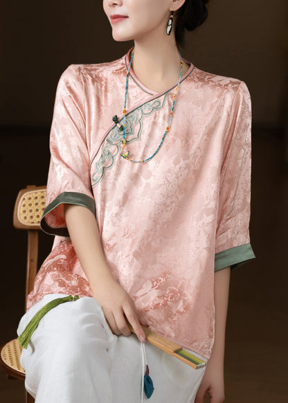 Natural Pink O-Neck Embroidered Silk Top Summer