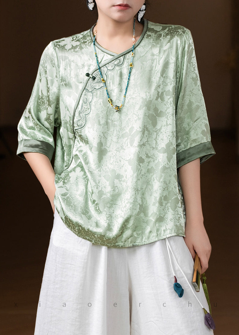 Natural Pink O-Neck Embroidered Silk Top Summer