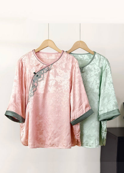 Natural Pink O-Neck Embroidered Silk Top Summer