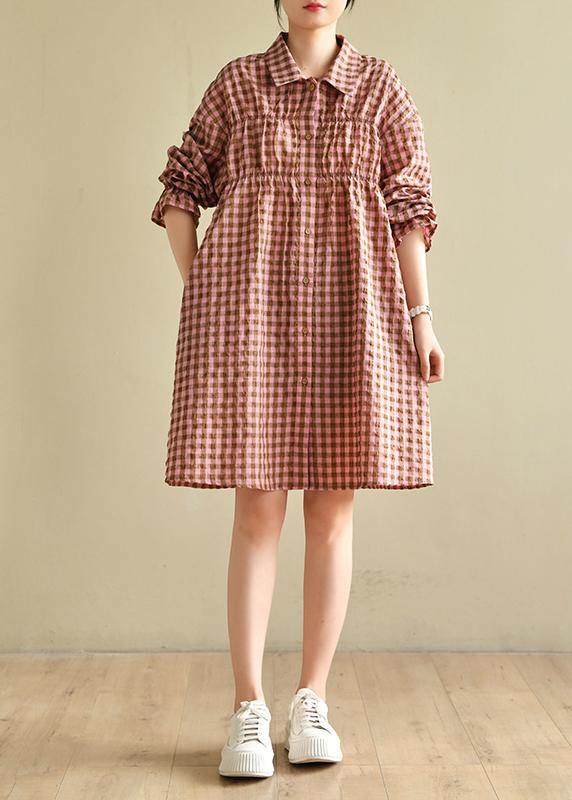 Natural Pink Plaid Cotton Cinched Spring Dresses - SooLinen