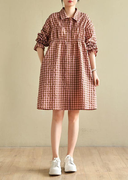 Natural Pink Plaid Cotton Cinched Spring Dresses - SooLinen