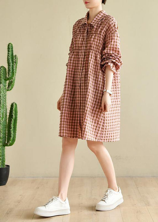 Natural Pink Plaid Cotton Cinched Spring Dresses - SooLinen