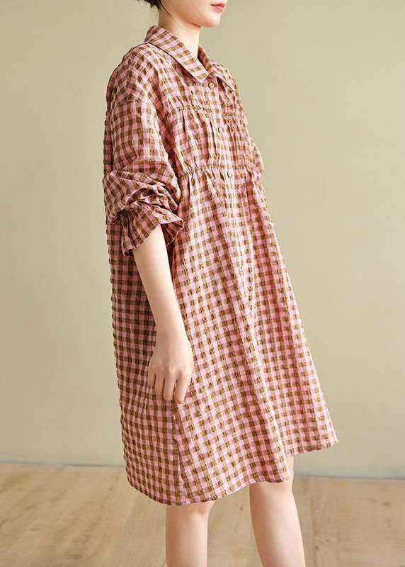 Natural Pink Plaid Cotton Cinched Spring Dresses - SooLinen
