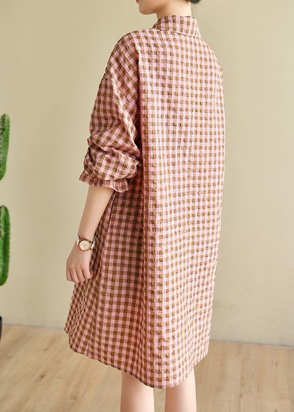 Natural Pink Plaid Cotton Cinched Spring Dresses - SooLinen