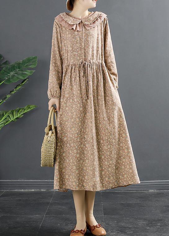 Natural Pink Print Dresses Peter Pan Collar Maxi Dress - SooLinen