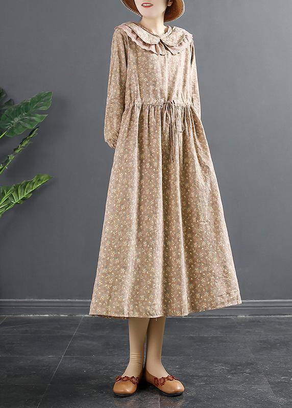 Natural Pink Print Dresses Peter Pan Collar Maxi Dress - SooLinen