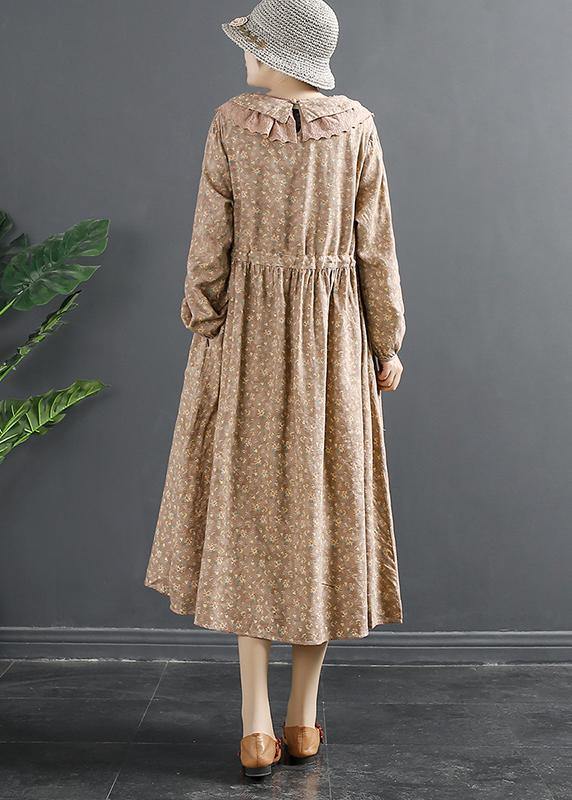 Natural Pink Print Dresses Peter Pan Collar Maxi Dress - SooLinen