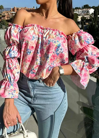 Natural Pink Slash Neck Print Cotton Shirt Puff Sleeve