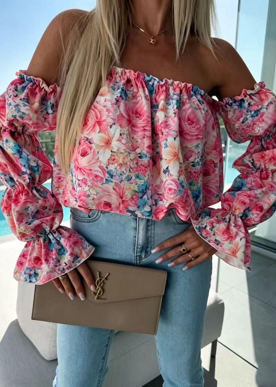 Natural Pink Slash Neck Print Cotton Shirt Puff Sleeve