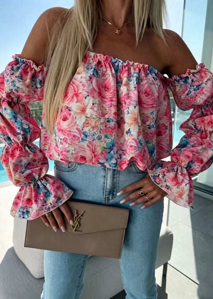 Natural Pink Slash Neck Print Cotton Shirt Puff Sleeve
