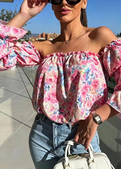 Natural Pink Slash Neck Print Cotton Shirt Puff Sleeve