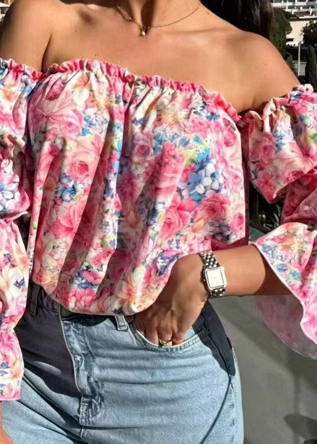 Natural Pink Slash Neck Print Cotton Shirt Puff Sleeve