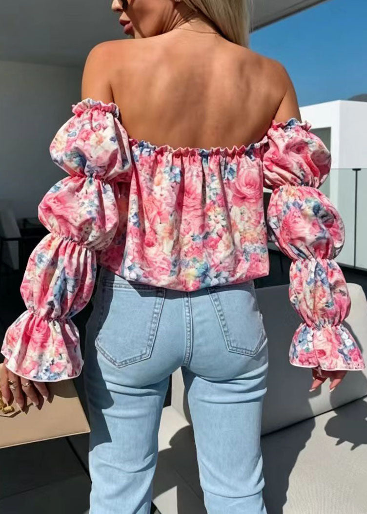 Natural Pink Slash Neck Print Cotton Shirt Puff Sleeve