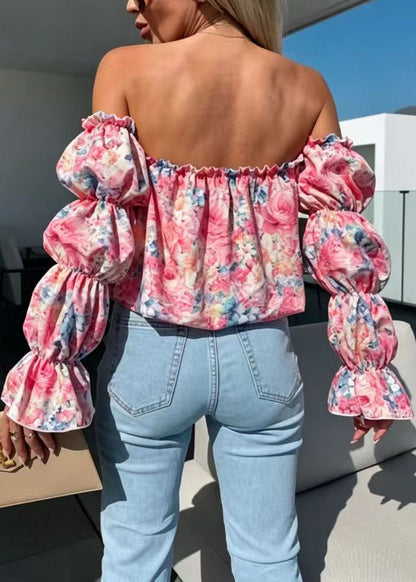 Natural Pink Slash Neck Print Cotton Shirt Puff Sleeve