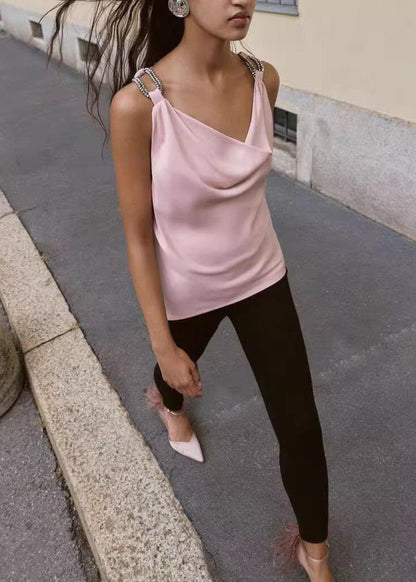 Natural Pink Turtle Neck Draping Chiffon Cami Tops Summer