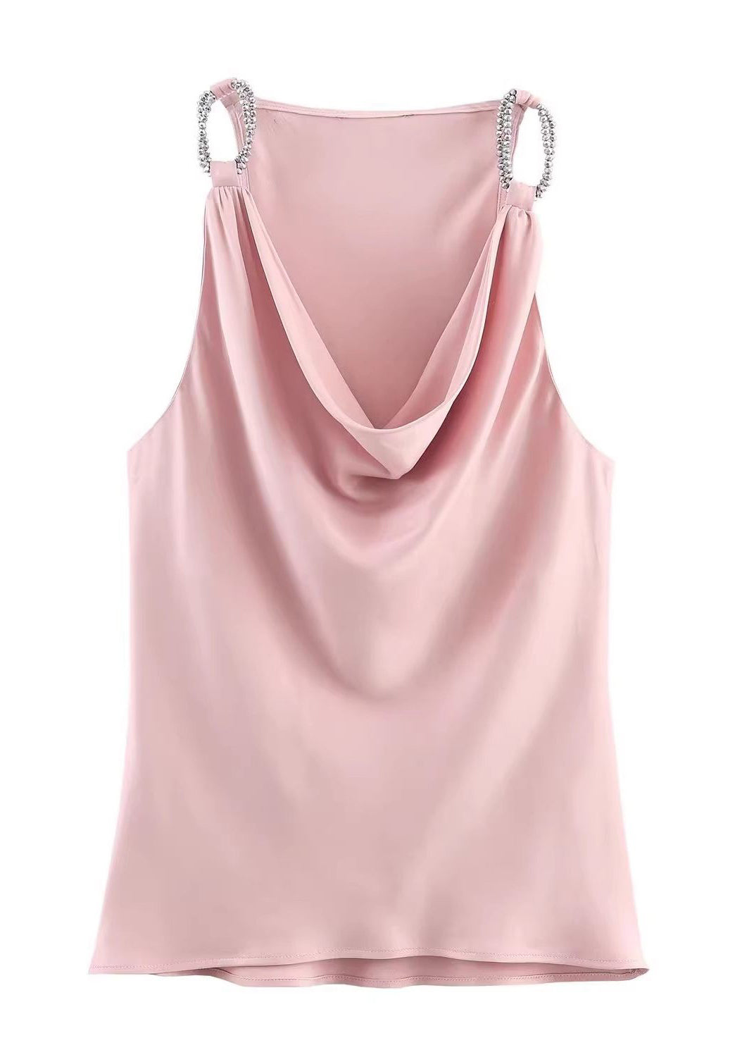 Natural Pink Turtle Neck Draping Chiffon Cami Tops Summer