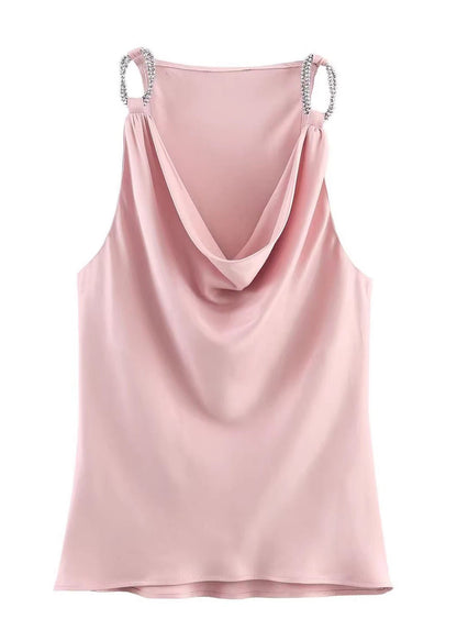Natural Pink Turtle Neck Draping Chiffon Cami Tops Summer