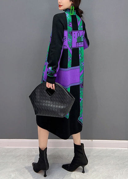 Natürliche Lila Hign Neck Print Patchwork Strickkleider Winter