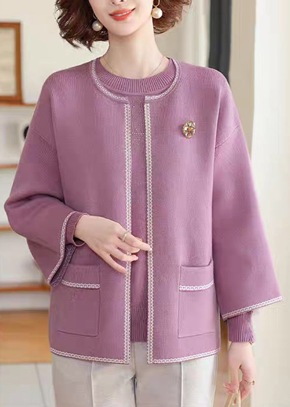 Natural Purple Patchwork Pockets Cotton Knit Cardigans And Sweater Two-Piece Set Spring