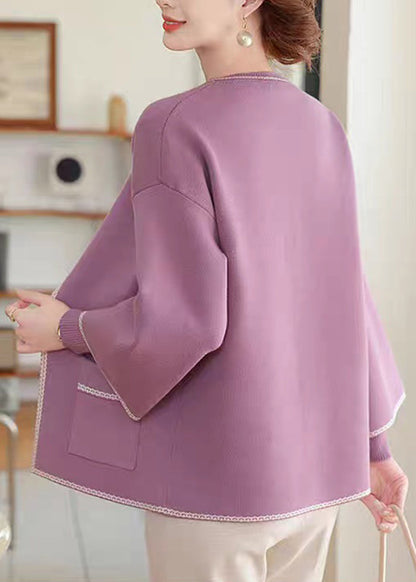 Natural Purple Patchwork Pockets Cotton Knit Cardigans And Sweater Two-Piece Set Spring