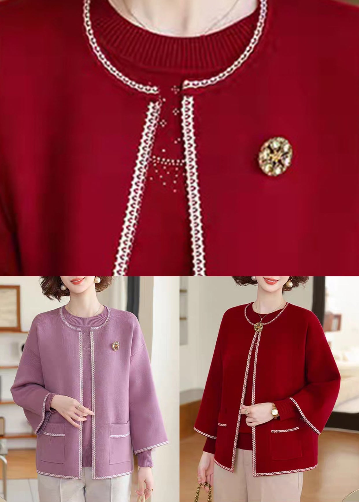 Natural Purple Patchwork Pockets Cotton Knit Cardigans And Sweater Two-Piece Set Spring