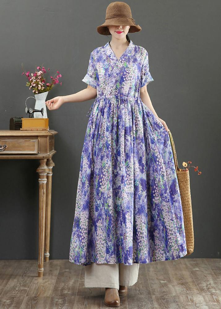 Natural Purple Print Dresses V Neck Drawstring Plus Size Summer Dresses - SooLinen