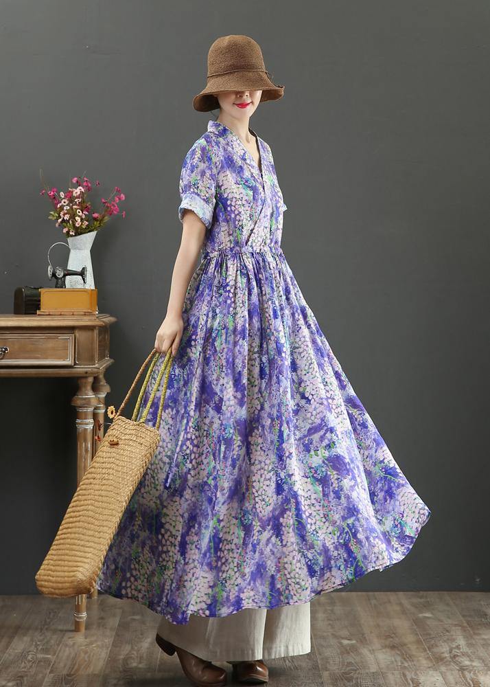 Natural Purple Print Dresses V Neck Drawstring Plus Size Summer Dresses - SooLinen