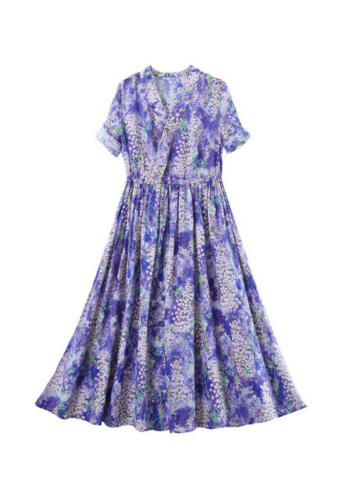 Natural Purple Print Dresses V Neck Drawstring Plus Size Summer Dresses - SooLinen