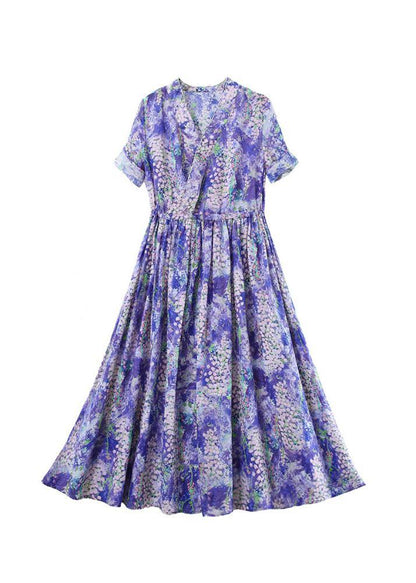 Natural Purple Print Dresses V Neck Drawstring Plus Size Summer Dresses - SooLinen
