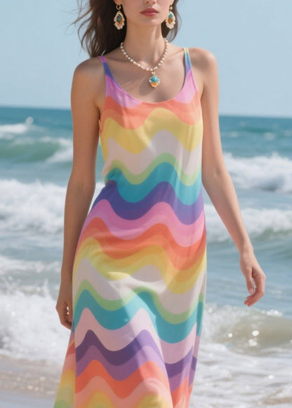 Natural Rainbow Striped Patchwork Lace Beach Dress Summer
