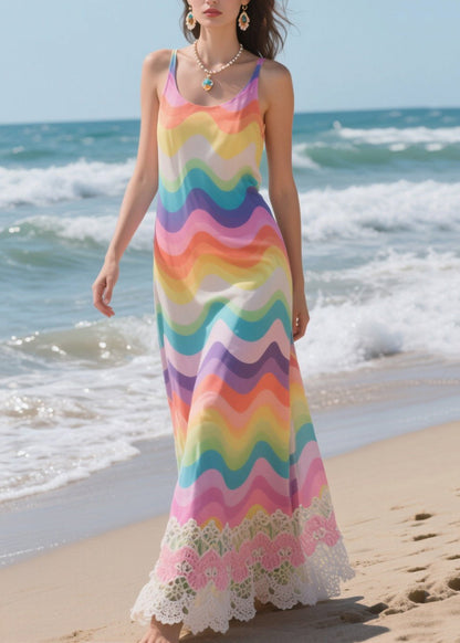 Natural Rainbow Striped Patchwork Lace Beach Dress Summer