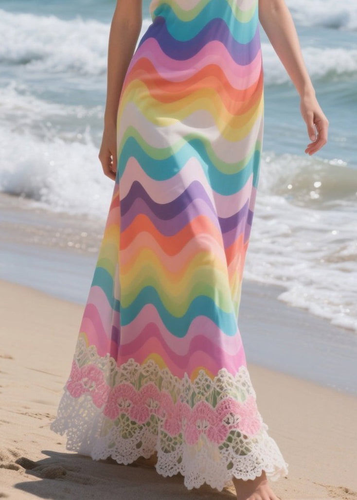 Natural Rainbow Striped Patchwork Lace Beach Dress Summer