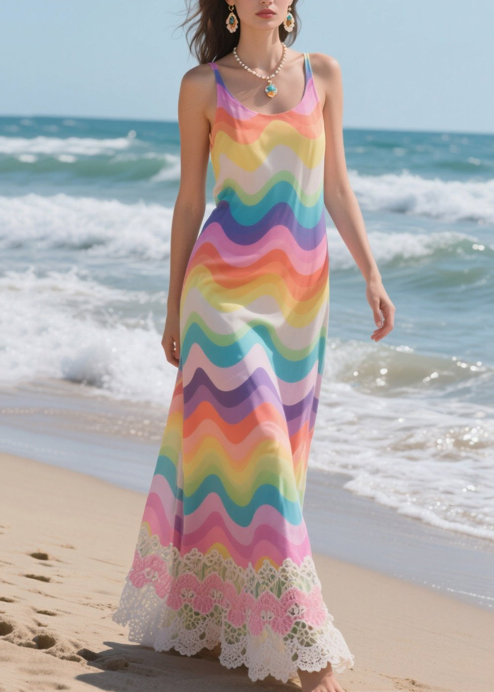 Natural Rainbow Striped Patchwork Lace Beach Dress Summer