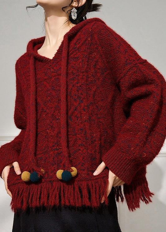 Naturroter Kapuzenpullover aus Baumwollstrick mit Kordelzug, Frühling