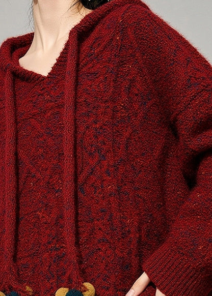 Naturroter Kapuzenpullover aus Baumwollstrick mit Kordelzug, Frühling