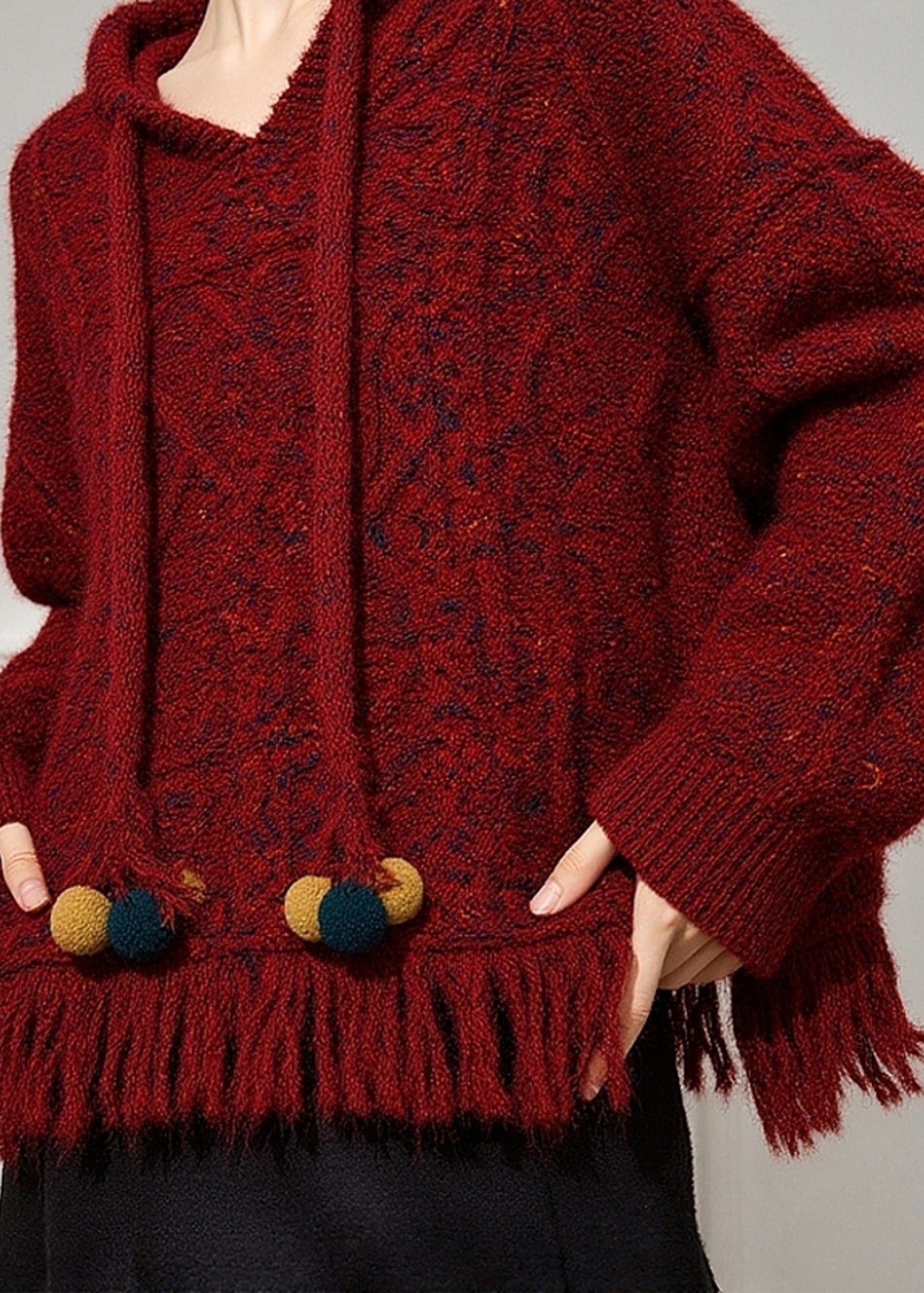 Naturroter Kapuzenpullover aus Baumwollstrick mit Kordelzug, Frühling