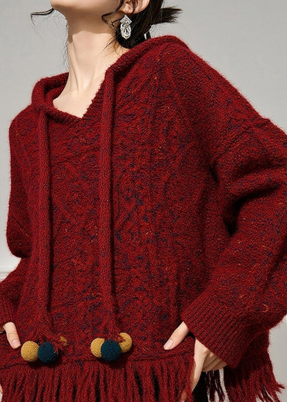 Naturroter Kapuzenpullover aus Baumwollstrick mit Kordelzug, Frühling