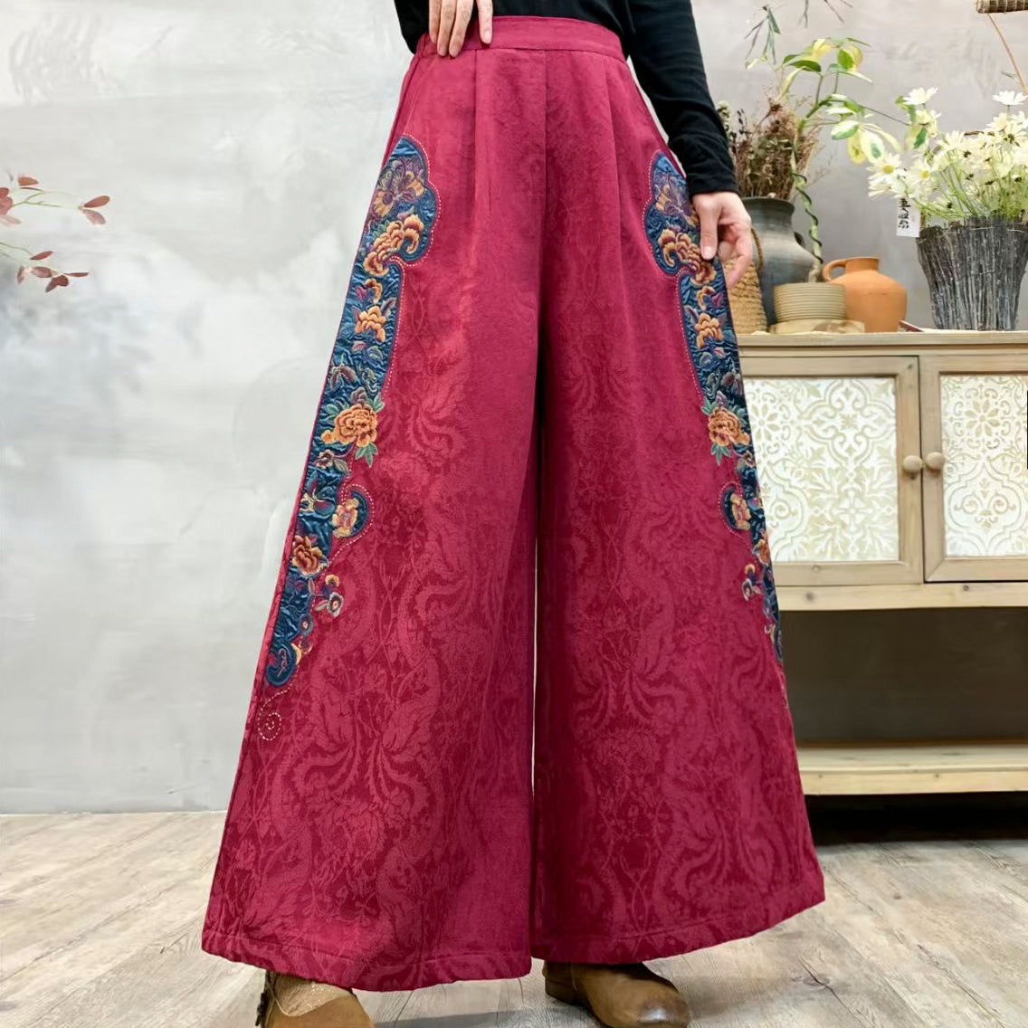 Natural Red Embroidered Jacquard Linen Straight Pants Spring