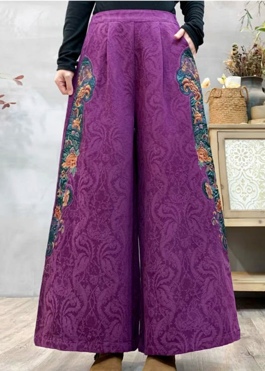 Naturrote, bestickte Jacquard-Leinenhose mit geradem Schnitt, Frühling