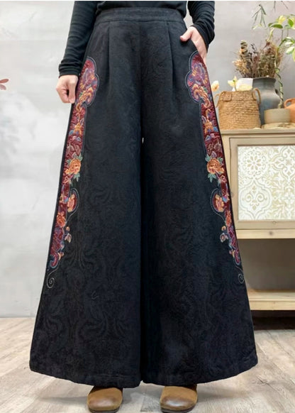 Natural Red Embroidered Jacquard Linen Straight Pants Spring