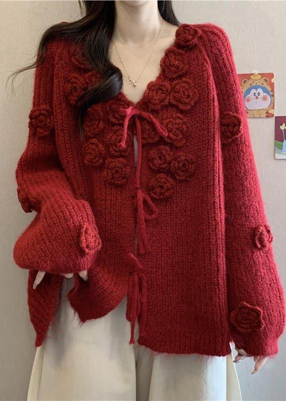 Natural Red Floral Decorated Warm Knit Cardigans Fall