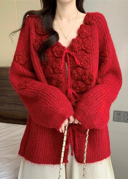 Natural Red Floral Decorated Warm Knit Cardigans Fall