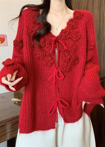 Natural Red Floral Decorated Warm Knit Cardigans Fall
