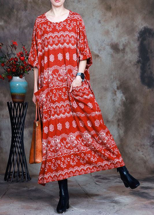 Naturrotes Strick-Herbstkleid mit O-Ausschnitt und Taschen