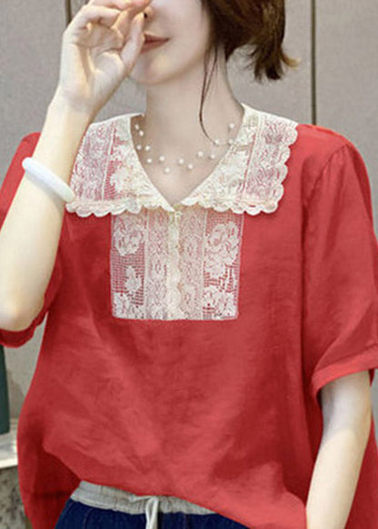Natural Red Peter Pan Collar Lace Patchwork Linen Tops Short Sleeve